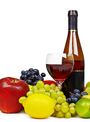 Image showing Still life with bottle of wine, fruit and glass