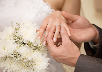 Image showing Hands of groom and bride with ring close up
