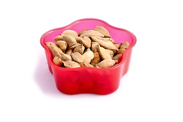 Image showing A red bowl with Cardamom isolated on white background