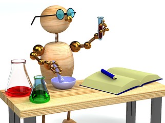 Image showing 3d wood man as chemist holding tube