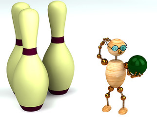 Image showing 3d wood man is playing bowling