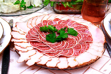 Image showing salami slices on the table