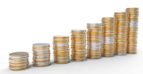 Image showing Financial Progress: golden and silver coins stacks