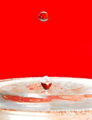 Image showing Falling droplets of water over red