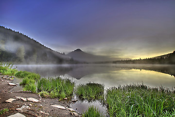 Image showing Foggy Sunrise at Trillium Lake with Mount Hood