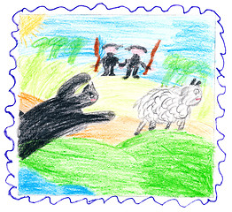 Image showing Child's drawing - beast catches sheep. Hunters rush to help.