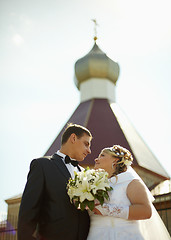 Image showing Bride and groom on background of Christian Church