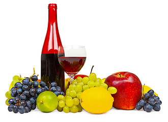 Image showing Still life - bottle of red wine and fruits on white background