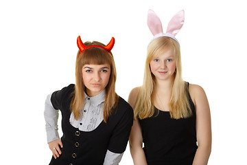 Image showing Two friends in festive costume devil and bunny