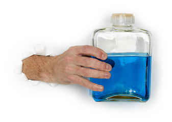 Image showing Hand holds bottle of flammable blue liquid 