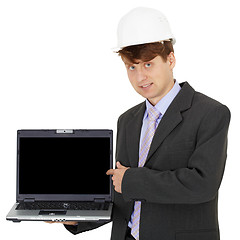 Image showing Engineer demonstrates laptop screen