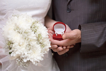 Image showing Wedding rings in hands of newlyweds