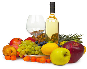 Image showing Still-life from wine and fruits on white background