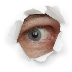 Image showing Eye of person in hole close up