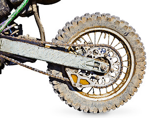 Image showing Rear wheel motorcycle for trial covered with mud