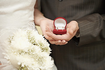 Image showing Wedding rings in hands of bride and groom