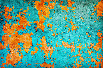 Image showing Abstract texture - wall covered with peeled blue and orange pain