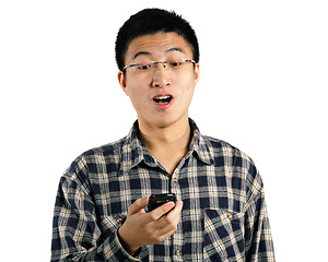 Image showing young man surprise by phone