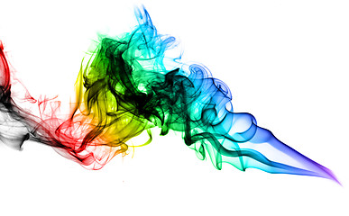 Image showing Puff of colored abstract smoke over white