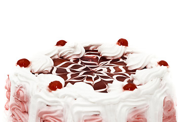 Image showing Beautiful dessert - iced cake with cherries 