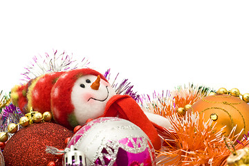 Image showing Funny white snowman and Xmas decoration