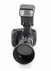 Image showing Professional DSLR camera with telephoto lens and flash