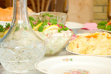 Image showing Crystal decanter. Banquet in the restaurant