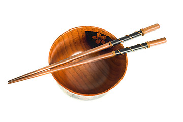 Image showing Top view of Japanese Chopsticks and a bowl