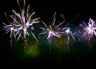 Image showing Colorful fireworks at night in black sky