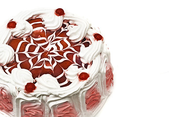 Image showing Tasty dessert - iced cake with cherries