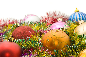 Image showing Xmas greetings - colorful decoration balls and tinsel