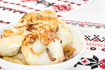 Image showing Close-up of Ukrainian dumplings with onion