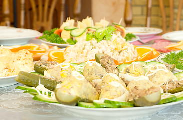 Image showing Tasty salads. Banquet in the restaurant