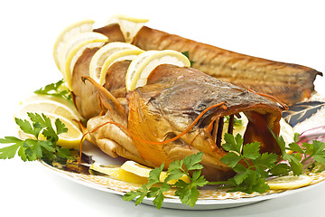 Image showing Tasty dinner - fresh-water catfish (sheatfish)