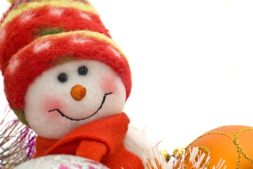 Image showing Cute white snowman and Xmas decoration balls