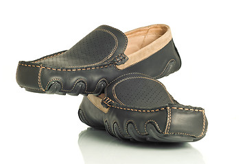 Image showing Pair of modern black mens shoes moccasins 