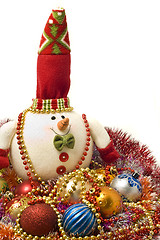 Image showing Lovely white snowman and Xmas decoration balls 