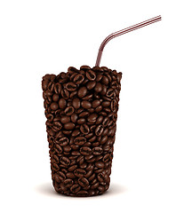 Image showing Glass shape made of coffee beans with straw