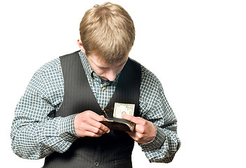 Image showing No money - businessman with one dollar