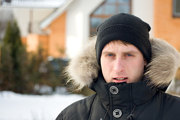 Image showing Winter time - man in the yard