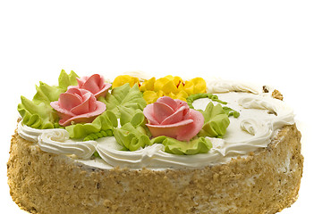 Image showing Tasty cake with cream, pink roses