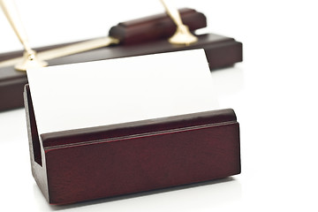 Image showing Card holder, blank white business card and two pens