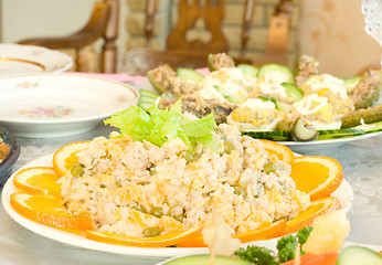 Image showing Salads and appetizers. Banquet in the restaurant