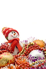 Image showing Christmas comes. Cute snowman and decoration balls