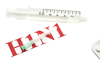 Image showing Swine FLU H1N1 -  red alert, pills and syringe 