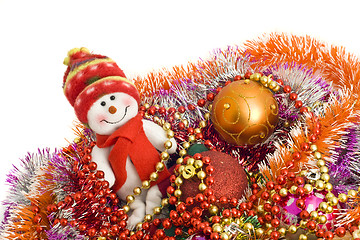 Image showing Christmas greetings - Funny snowman and decoration tinsel 