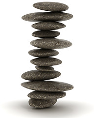 Image showing Stability and Zen. Balanced black stones tower