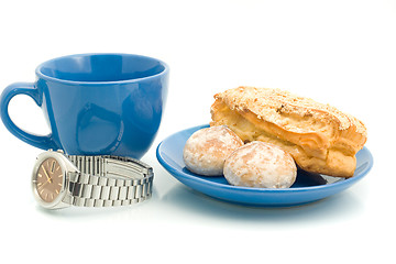 Image showing Lunch  - Watch, cup and pastry