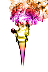 Image showing Puff of colored abstract smoke curves over white 