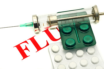 Image showing Disease alert - pills and syringe over white 